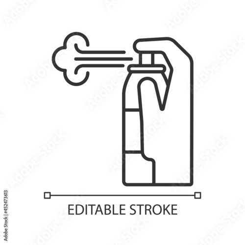Compressed air for cleaning linear manual label icon. Blow out dirt. Thin line customizable illustration. Contour symbol. Vector isolated outline drawing for product use instructions. Editable stroke