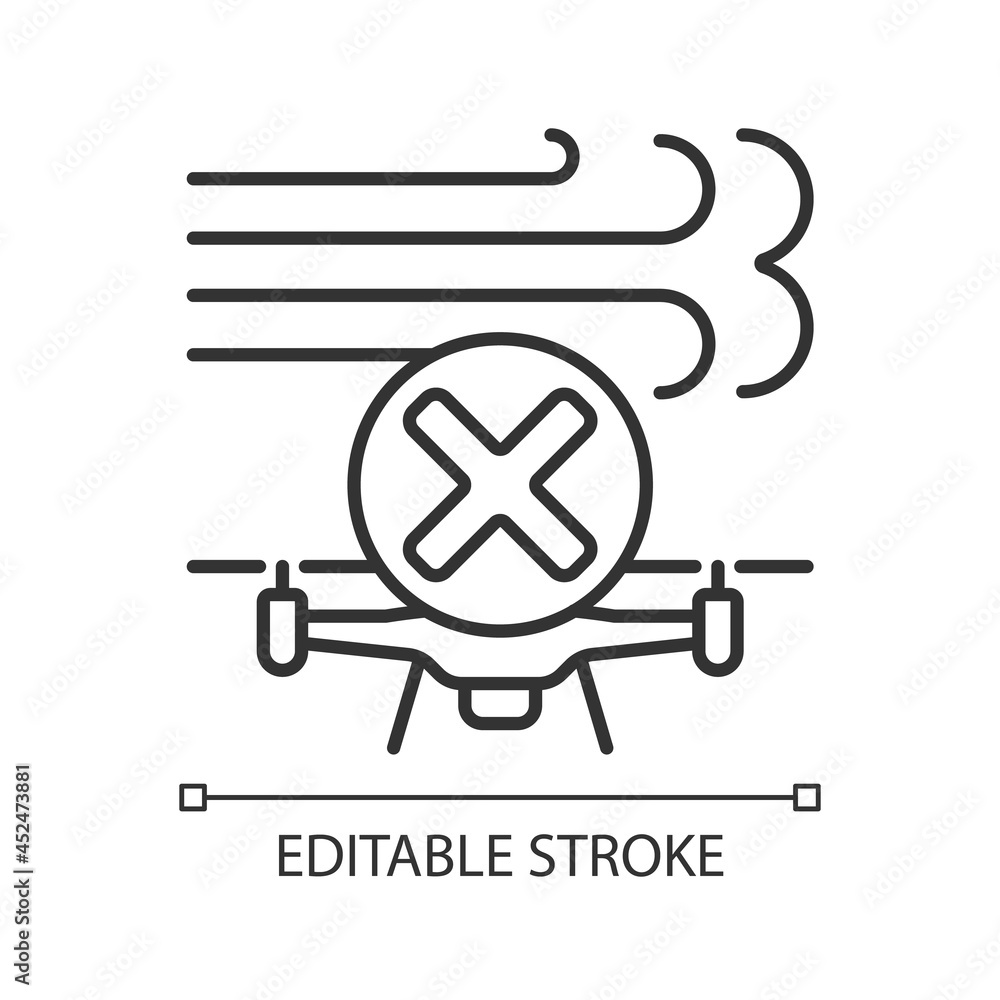 Dont fly in strong winds linear manual label icon. Windy conditions. Thin line customizable illustration. Contour symbol. Vector isolated outline drawing for product use instructions. Editable stroke Dont fly in strong winds linear manual label icon. Windy conditions. Thin line customizable illustration. Contour symbol. Vector isolated outline drawing for product use instructions. Editable stroke