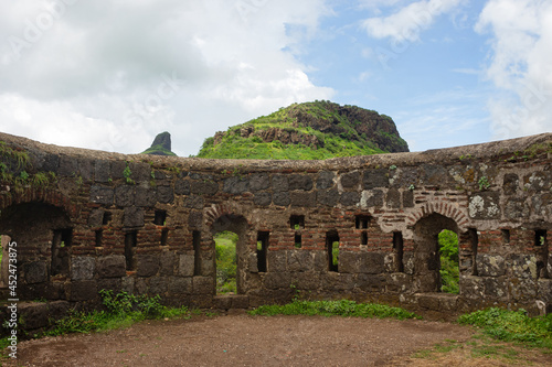 Inside view of old ruined protection wall of Dhodap fort, Nashik, Maharashtra, India. Second highest fort in the Sahyadri mountains