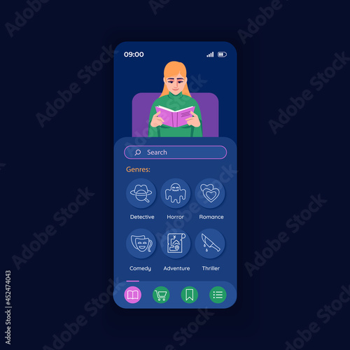Application for reading night smartphone interface vector template. Mobile app page design layout. Variety of book genresscreen. Electronic book. Flat UI for application. Phone display
