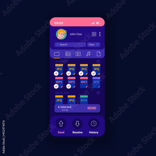 Application for sharing data night smartphone interface vector template. Mobile app page design layout. Share information app screen. Download files any size. Flat UI for application. Phone display