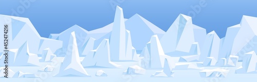 Northern polar landscape with icebergs in snow. Arctic ice bergs, glaciers at North Pole. Panoramic view of cold nature scenery with frozen peaks, snowy land and sky. Flat vector illustration