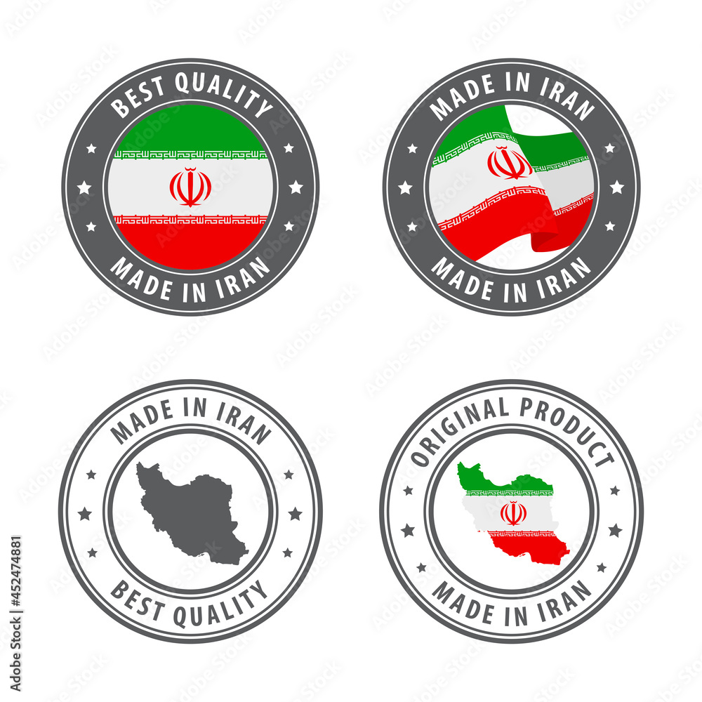 Obraz premium Made in Iran - set of labels, stamps, badges, with the Iran map and flag. Best quality. Original product.