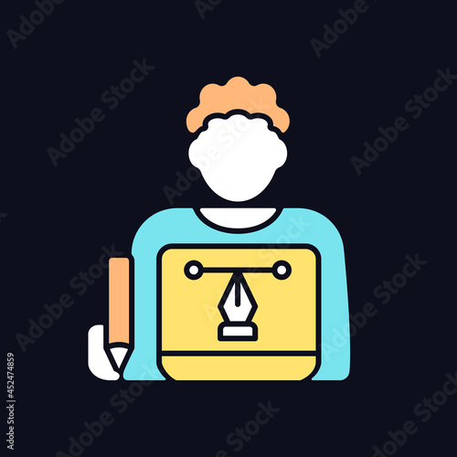 Graphic designer RGB color icon for dark theme. Creating websites and advertisment. Visual artist. Isolated vector illustration on night mode background. Simple filled line drawing on black