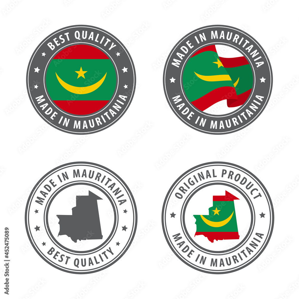 Made in Mauritania - set of labels, stamps, badges, with the Mauritania map and flag. Best quality. Original product. Made in Mauritania - set of labels, stamps, badges, with the Mauritania map and flag. Best quality. Original product.