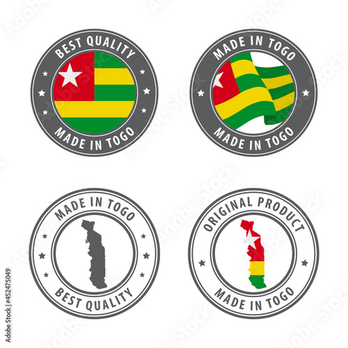 Made in Togo - set of labels, stamps, badges, with the Togo map and flag. Best quality. Original product.