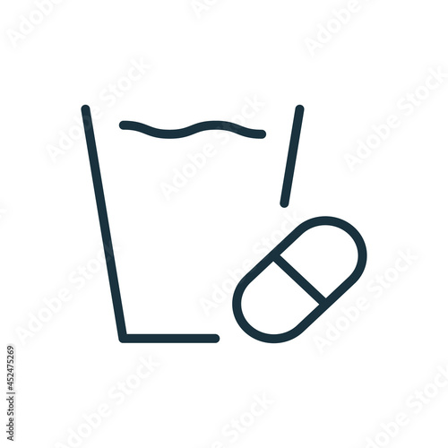 Glass of Water and Medical Pills Line Icon. Capsule of Painkiller or Vitamin Linear Pictogram. Medicine drug and Glass of Water Outline Icon. Editable Stroke. Isolated Vector Illustration