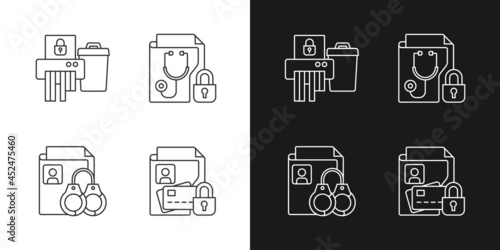 Information sensitivity linear icons set for dark and light mode. Disposing documents. Criminal records. Customizable thin line symbols. Isolated vector outline illustrations. Editable stroke