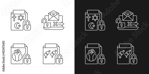 Data confidentiality linear icons set for dark and light mode. Unencrypted email. Trade union membership. Customizable thin line symbols. Isolated vector outline illustrations. Editable stroke