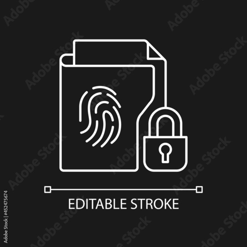 Sensitive information protection white linear icon for dark theme. Prevent unauthorized access. Thin line customizable illustration. Isolated vector contour symbol for night mode. Editable stroke