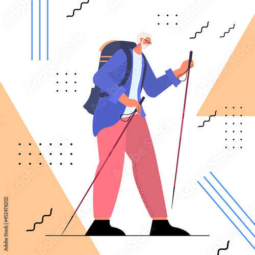 senior man hiker traveling with backpack active old age physical activities concept