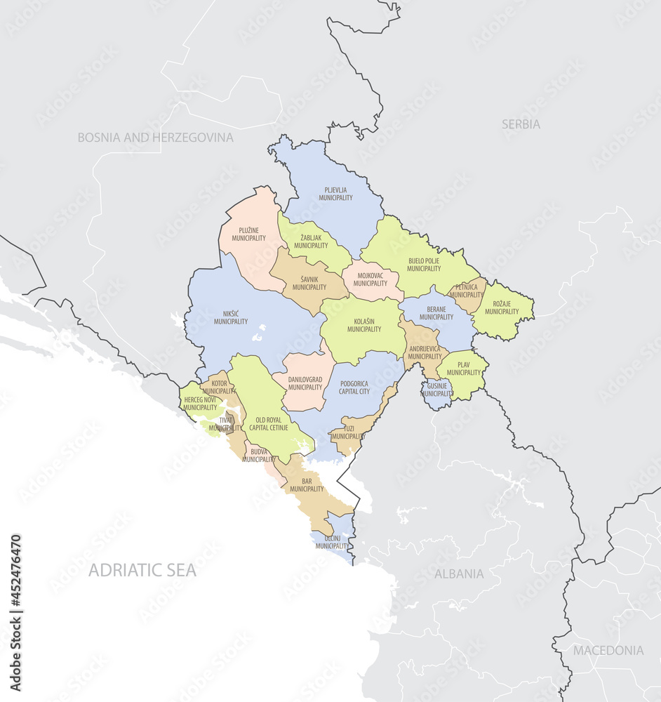 Detailed location map of the Montenegro in Europe with administrative divisions country, vector illustration