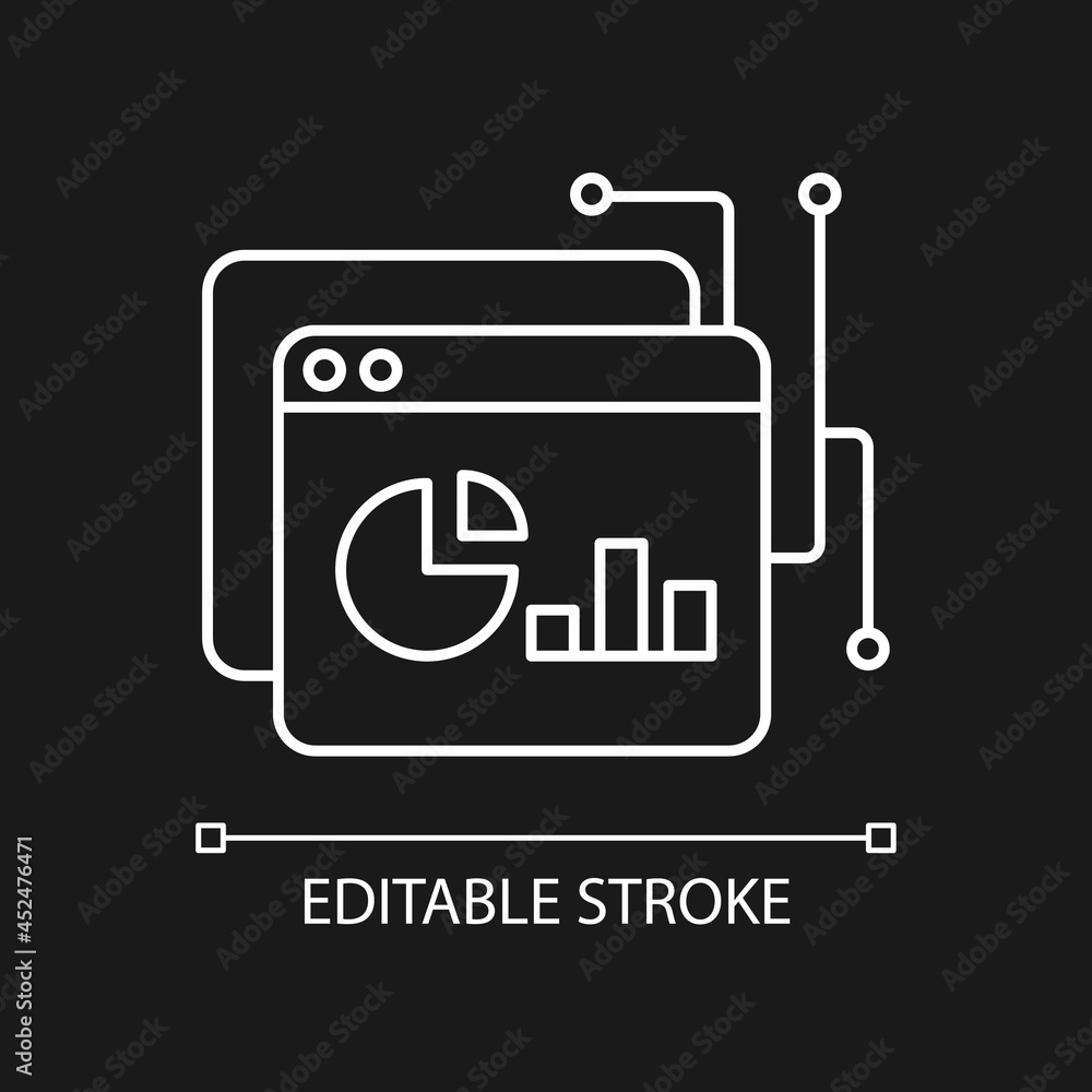 Data intelligence platform white linear icon for dark theme. Analytical tools. Data management. Thin line customizable illustration. Isolated vector contour symbol for night mode. Editable stroke Data intelligence platform white linear icon for dark theme. Analytical tools. Data management. Thin line customizable illustration. Isolated vector contour symbol for night mode. Editable stroke