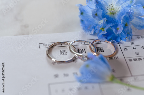 婚姻届と婚約指輪と結婚指輪とデルフィニウム