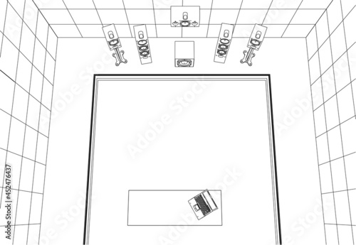 Contour of a recording room with equipment from black lines isolated on a white background. Sound speakers and laptop on the table. 3D. Vector illustration