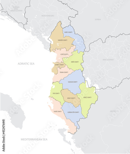 Detailed location map of the Albania in Europe with administrative divisions country, vector illustration