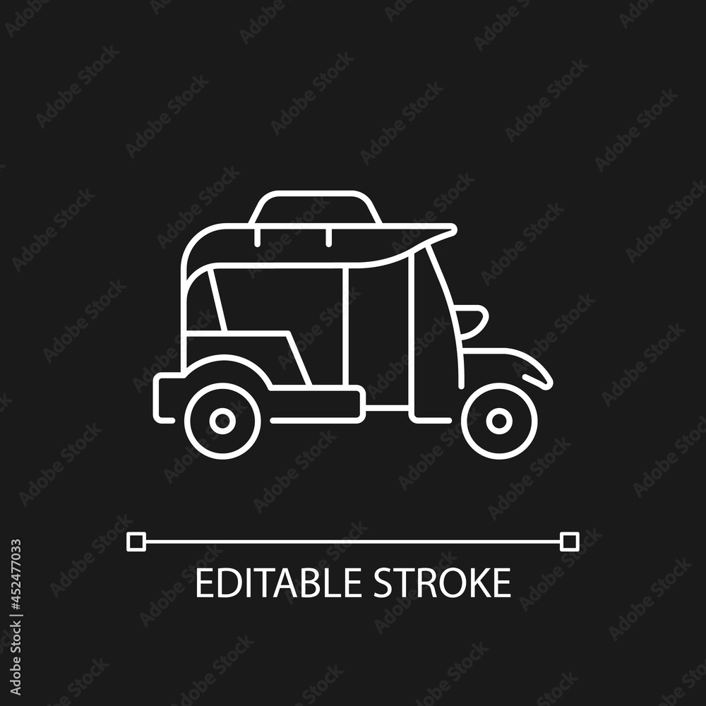 Bangkok tuk-tuk white linear icon for dark theme. Three-wheeled vehicle. Motorized rickshaw. Thin line customizable illustration. Isolated vector contour symbol for night mode. Editable stroke Bangkok tuk-tuk white linear icon for dark theme. Three-wheeled vehicle. Motorized rickshaw. Thin line customizable illustration. Isolated vector contour symbol for night mode. Editable stroke