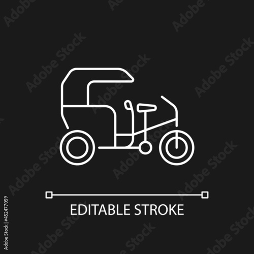 Tricycle taxi white linear icon for dark theme. Human-powered three-wheeled vehicle. Thin line customizable illustration. Isolated vector contour symbol for night mode. Editable stroke