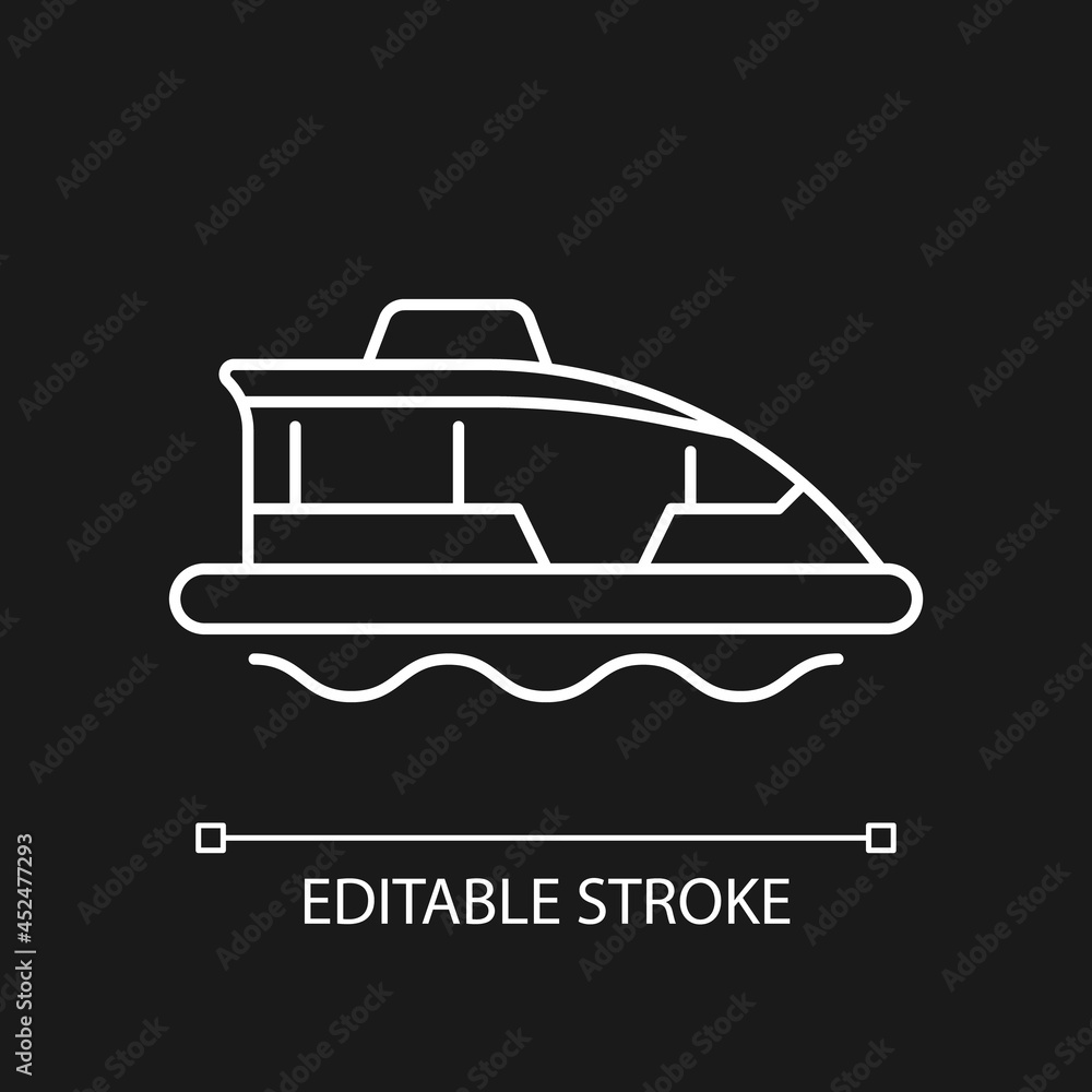 Obraz premium Water taxi white linear icon for dark theme. Traveling across harbour. Water bus. Ferry service. Thin line customizable illustration. Isolated vector contour symbol for night mode. Editable stroke