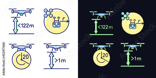 Drone proper control light and dark theme RGB color manual label icons set. Isolated vector illustrations on white and black space. Simple filled line drawings pack for product use instructions