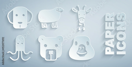 Set Bear head, Giraffe, Octopus, Goose bird, Sheep and Dog icon. Vector
