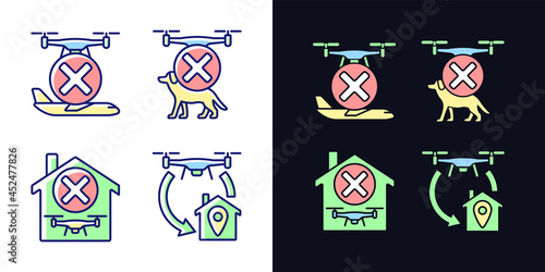 Drone instruction light and dark theme RGB color manual label icons set. Isolated vector illustrations on white and black space. Simple filled line drawings pack for product use instructions