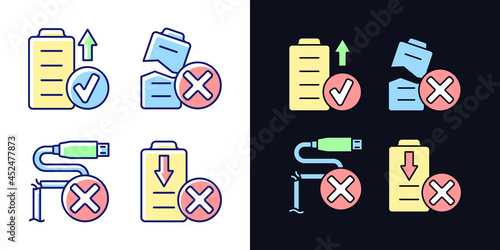 Drone performance light and dark theme RGB color manual label icons set. Isolated vector illustrations on white and black space. Simple filled line drawings pack for product use instructions