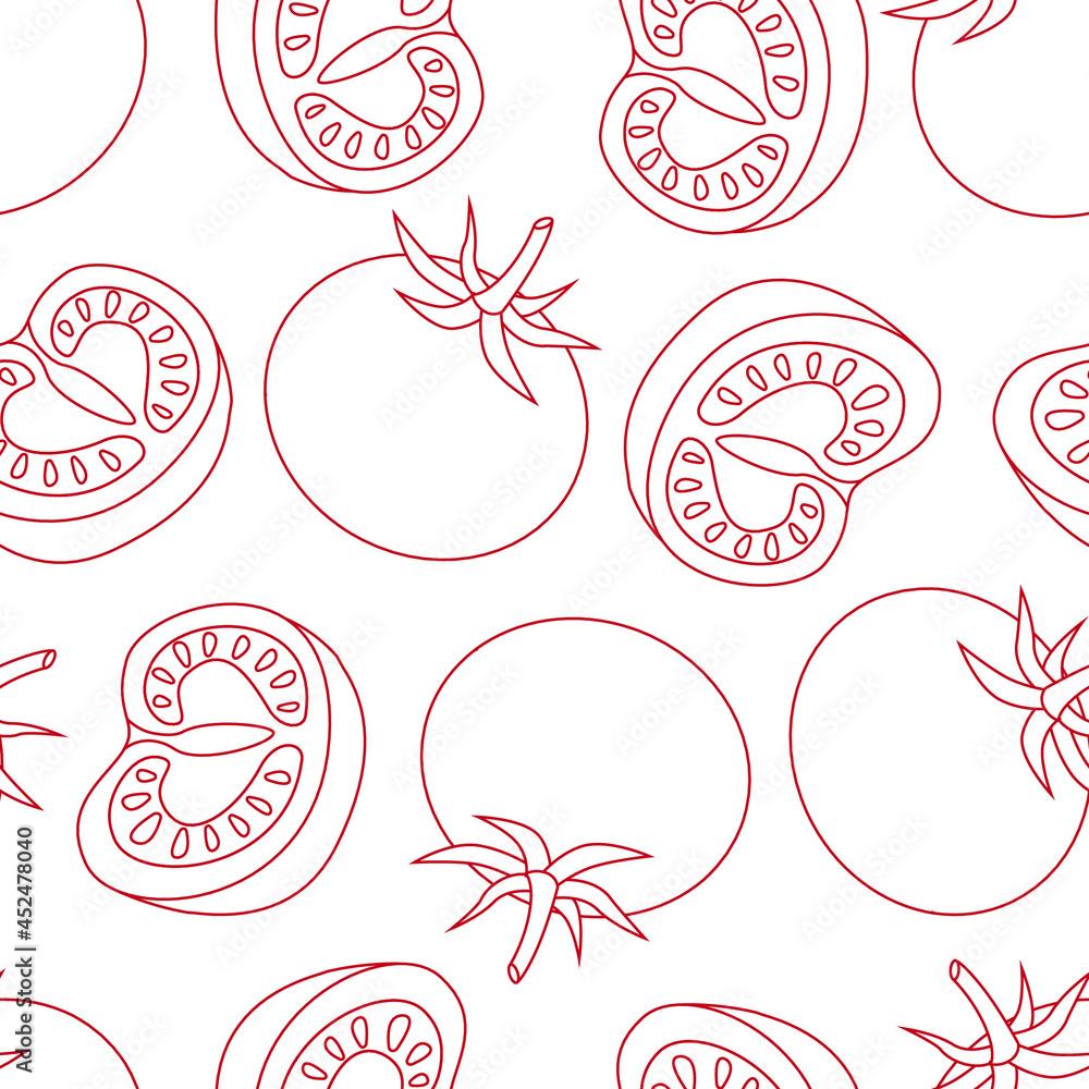 Red tomato fruit whole and half outline on white background seamless pattern. Vector illustration. Red tomato fruit whole and half outline on white background seamless pattern. Vector illustration.