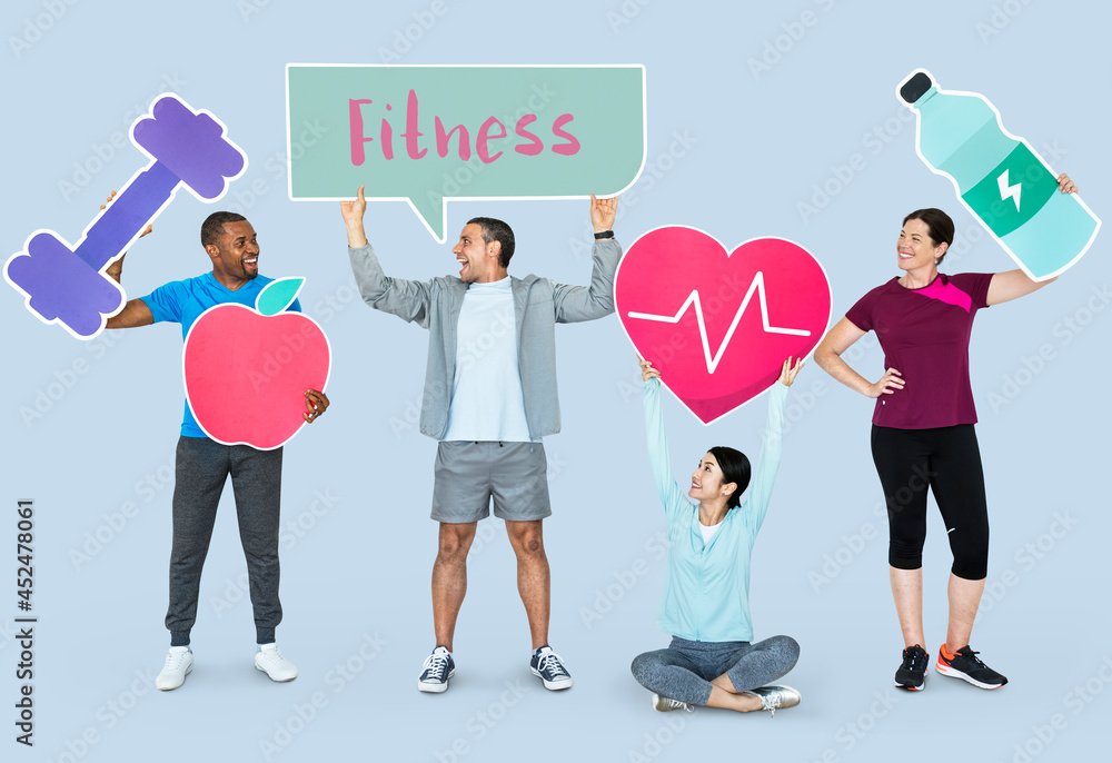 Group of diverse people holding health and fitness icons Group of diverse people holding health and fitness icons