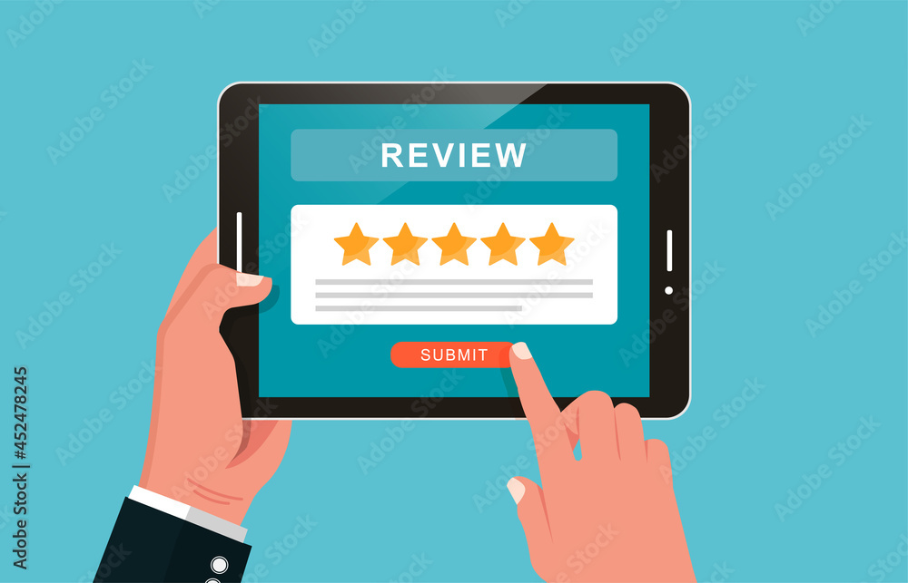 Hand holding tablet and giving review or feedback on app concept illustration. Hand holding tablet and giving review or feedback on app concept illustration.
