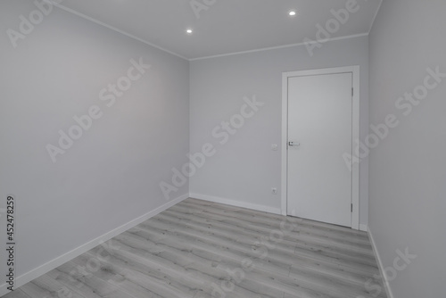 Contemporary interior of empty room in renovated apartment. White walls. Closed door. Black and white.