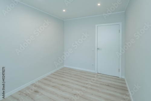 Contemporary interior of empty room in renovated apartment. White walls. Beige parquet. Closed door.