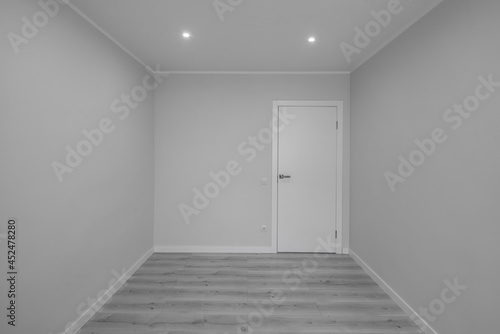 Contemporary interior of empty room in renovated apartment. White walls. Closed door. Black and white.
