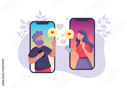 Vector illustration of the application for dating and communication. Quick meetings, dates and online dating. Search for a partner and romantic dating for single people. For applications, publications