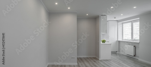 Modern light interior of renovated studio apartment without furniture. Empty living room and white kitchen. Apples in bowl.