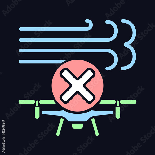 Dont fly in strong winds RGB color manual label icon for dark theme. Isolated vector illustration on night mode background. Simple filled line drawing on black for product use instructions