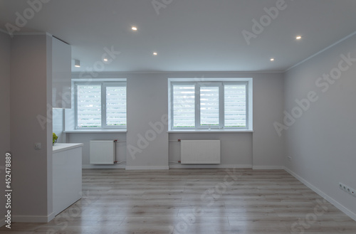 Contemporary interior of renovated studio apartment in scandinavian style. Empty living room. White walls.