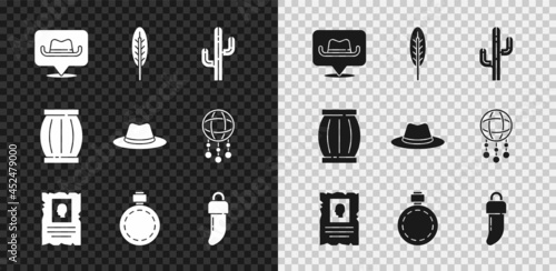 Set Location cowboy, Indian feather, Cactus, Wanted western poster, Canteen water bottle, Tooth, Gun powder barrel and Western hat icon. Vector
