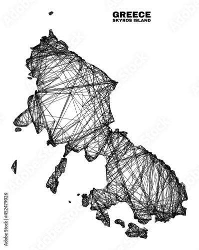 carcass irregular mesh Skyros Island map. Abstract lines are combined into Skyros Island map. Wire carcass 2D net in vector format.