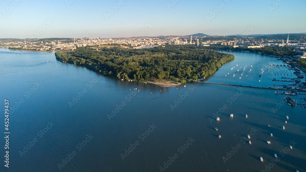 Drone view of Belgrade panorama on a Danube river, Serbia.