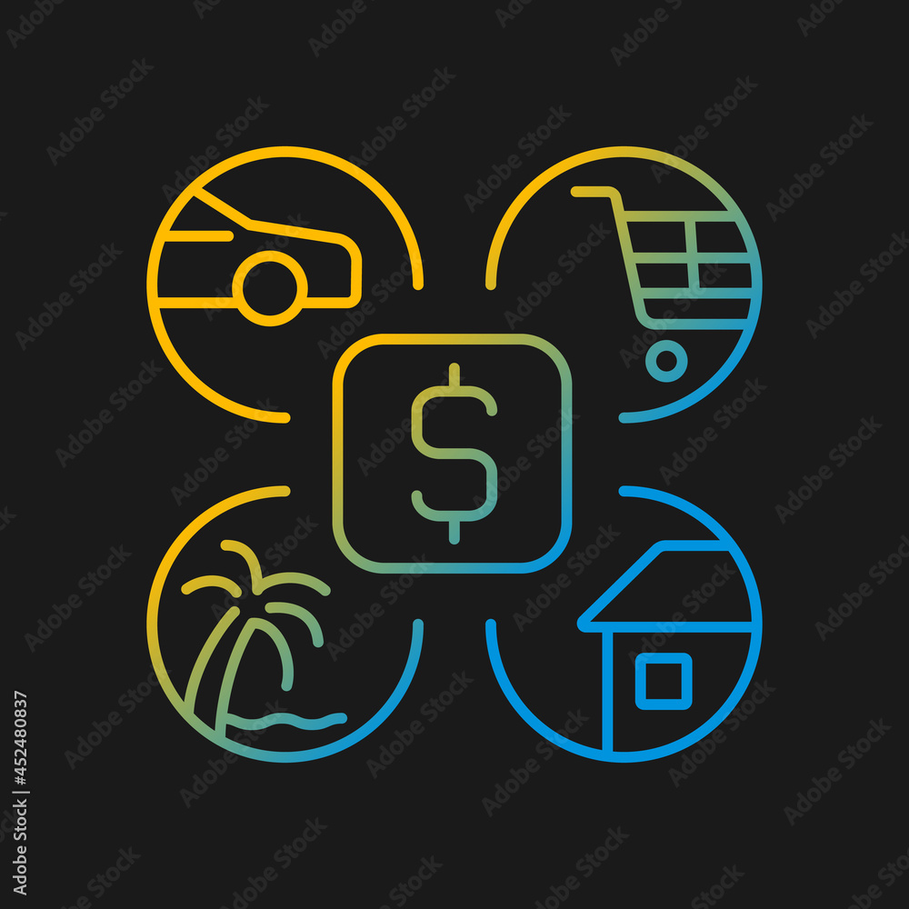 Budgeting gradient vector icon for dark theme. Split money for monthly plan. Living expenditure. Financial literacy. Thin line color symbol. Modern style pictogram. Vector isolated outline drawing Budgeting gradient vector icon for dark theme. Split money for monthly plan. Living expenditure. Financial literacy. Thin line color symbol. Modern style pictogram. Vector isolated outline drawing