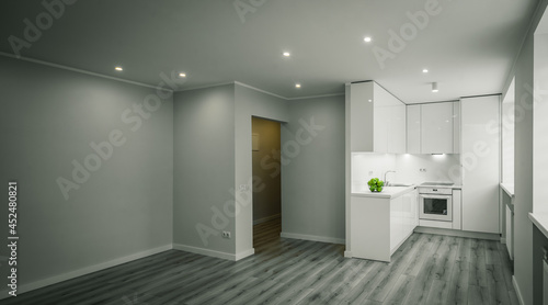 Modern interior of luxury studio apartment after renovation. White kitchen with fridge and oven. Living room without furniture.