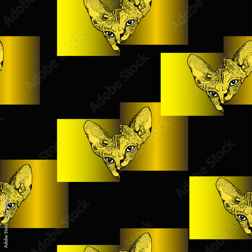 Head Sphynx cat and gold geometric asymmetrical square, Golden seamless pattern. 