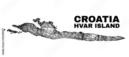 Wire frame irregular mesh Hvar Island map. Abstract lines form Hvar Island map. Wire frame flat net in vector format. Vector model is created for Hvar Island map using crossing random lines. photo