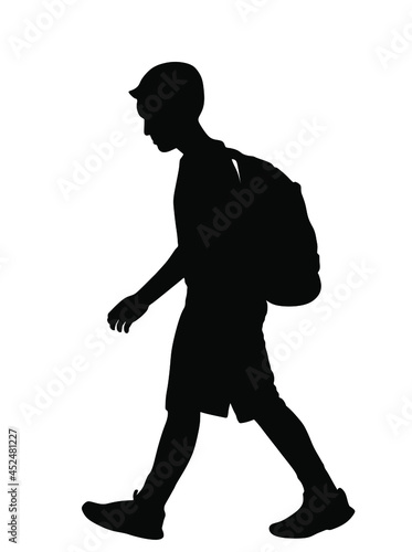 Sad boy with backpack going to school vector silhouette illustration. Back to school, kid walking, education trouble, bad grades evaluation after summer enjoy. Bowed head son do not like learning.