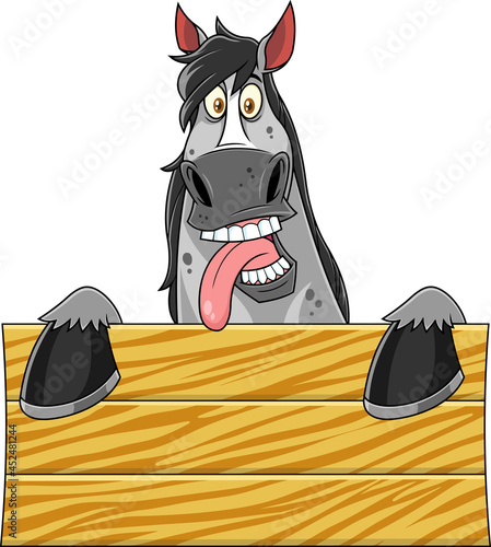 Funny Horse Cartoon Mascot Character Over A Blank Wooden Sign Board. Vector Hand Drawn Illustration Isolated On Transparent Background