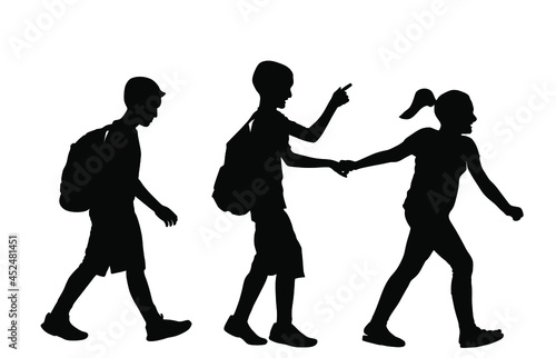 Laughing kids going to school together vector silhouette illustration. Back to school. Boy and girl with backpack. Happy kids friend. Schoolkids education. Sister hold hand brother to crossing street.