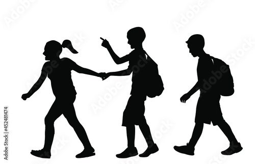 Laughing kids going to school together vector silhouette illustration. Back to school. Boy and girl with backpack. Happy kids friend. Schoolkids education. Sister hold hand brother to crossing street.