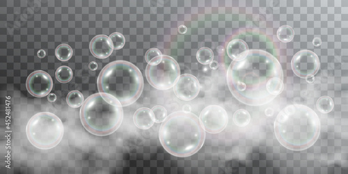 Air soap bubbles on a transparent background .Vector illustration of bulbs.  