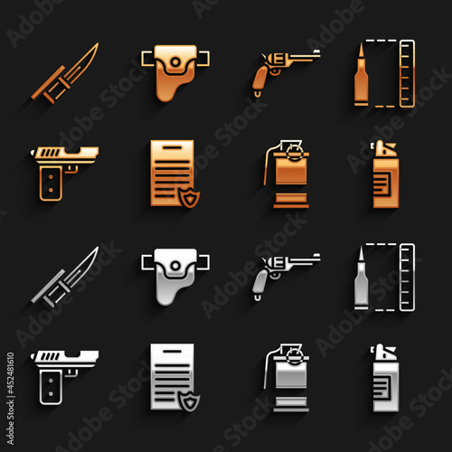 Set Firearms license certificate, Bullet, Weapons oil bottle, Hand smoke grenade, Pistol or gun, Revolver, Bayonet rifle and Gun in holster icon. Vector